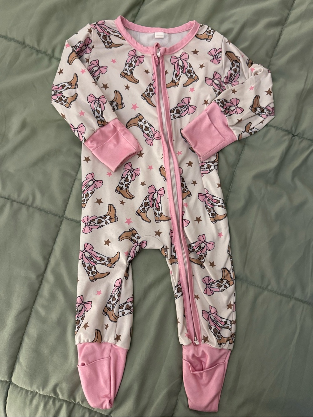 Source Unknown Pink and Brown Cowgirl Boot Print Baby Footed One-Piece